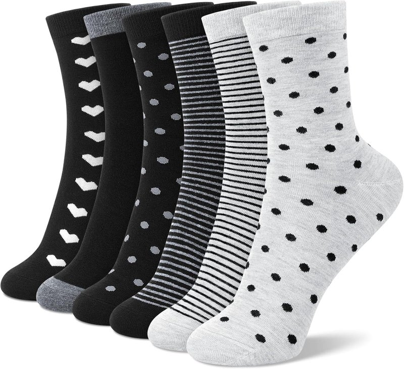 Socksfad Store 6 Pairs Cotton Crew Socks for Women, Breathable Novelty Funny Striped Dot Casual Cute Calf Socks Size 6-12 - Image 1